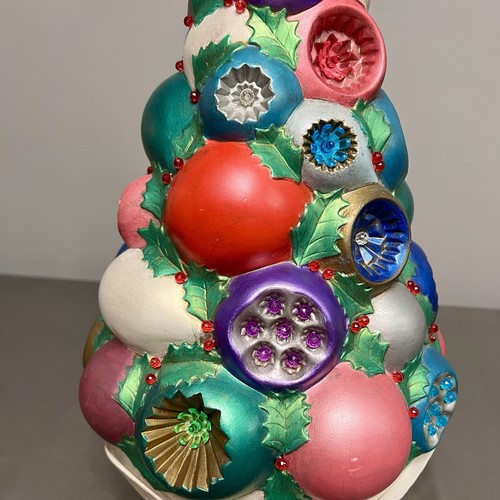 Vintage seltener handbemalter Keramik Weihnachtsbaum gestapelt Ornament Herzstück 17 Zoll - Bild 14 von 17