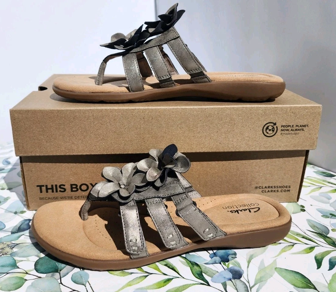 Clarks Collection taglia 8 5M Elizabelle Mae sandali slide in pelle peltro metallizzato