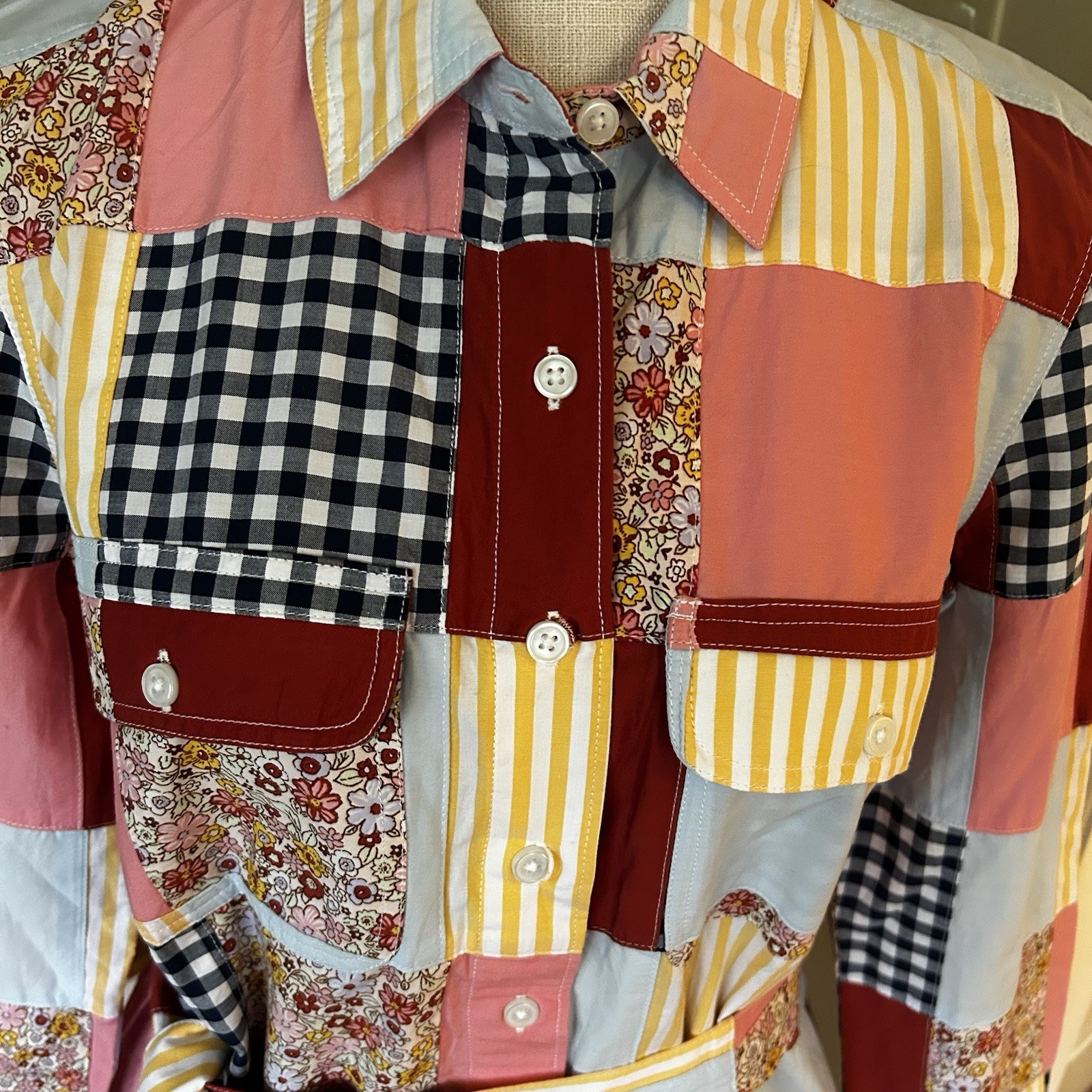 Lands End 100% Cotton Patchwork Button Front Long… - image 9