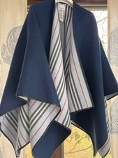 BURBERRY PONCHO CAPE WRAP STRIPE BLUE LEATHER TRIM  WOOL