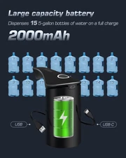 Rechargeable Water Dispenser Pump for 5 Gallon Bottle, Electric USB-C Large F...