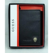 NEW Guess Embroidered Black Men  s Wallet Multi-Card Trifold with ID Window