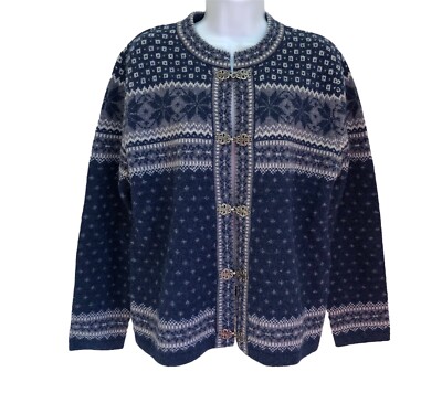 Carroll Reed Cardigan Nordic Fair Isle Wool Gray Blue Medium Metal Frog Clasp