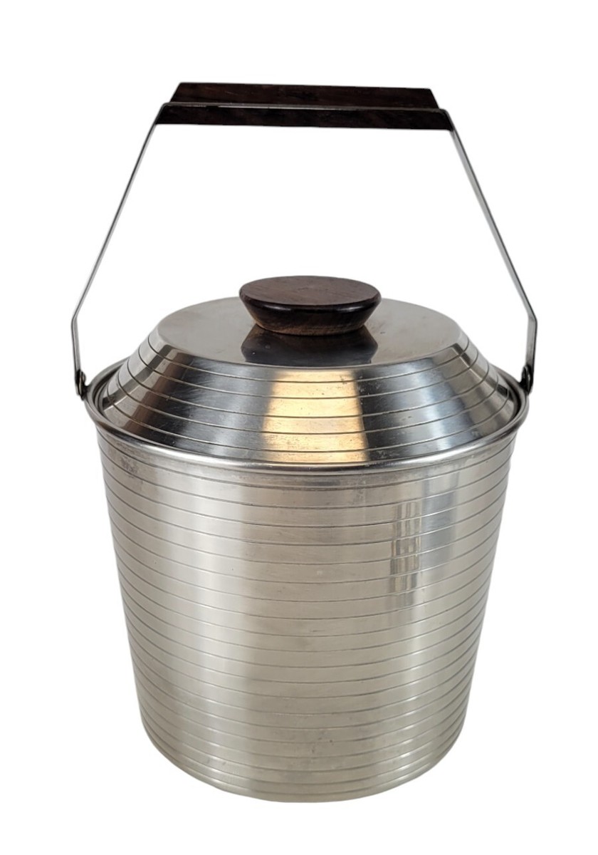 Vintage 60s MCM Lundtofte Denmark Ribbed Stainless Steel & Teak