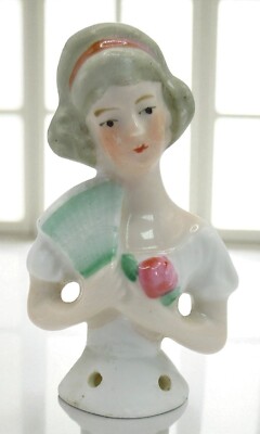 Vintage German Porcelain Half Doll Marked 5798 Germany Fan & Rose Design 2''