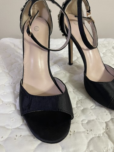 Black Satin 4” Ankle Strap Peep Toe Heels-Wedding Shoes, Prom Shoes, Size 39 - Picture 2 of 8