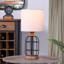 Black Metal Cage Table Lamp with Wood Accents and Drum Shade Home Office Decor
