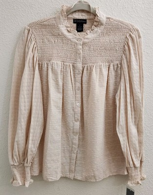 Design 365 Ivory Dotted Textured Button Up Long Sleeve Modest Blouse M New