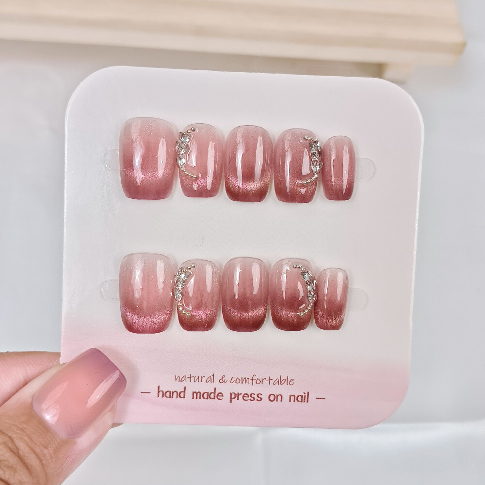 24PCS Handmade False Nail Diamond Cat's Eye Square Press on Nails for