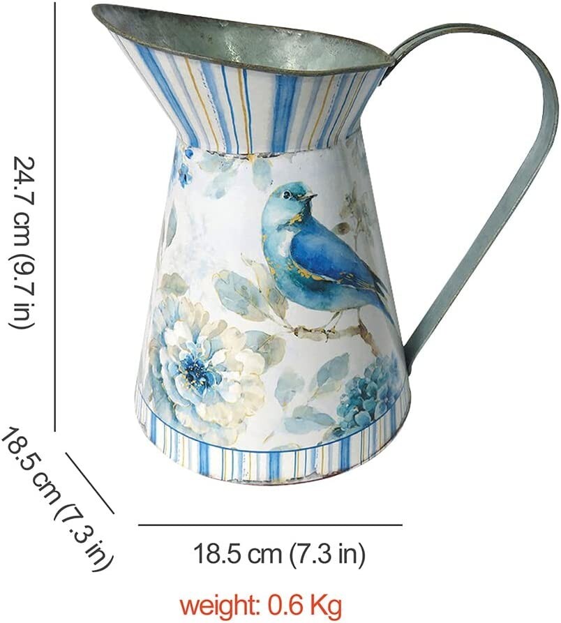 Metal Jug Vase 25cm Bird Motif Shabby Chic Vintage Look Mothers Day