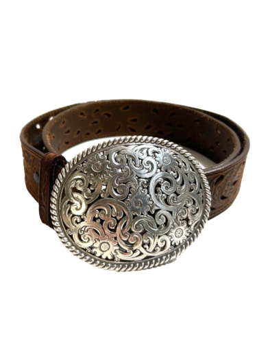 Tony Lama Belt Size 34 Brown Leather Tooled Cutout Silver Floral Buckle Ladies * - Foto 1 di 7