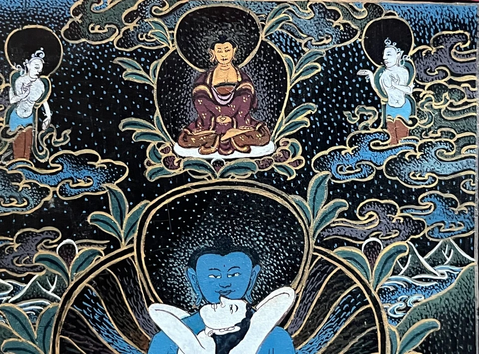 Thangka tibetano pintado en cuerno Samantabhadra en unión padre-madre Foto 3 de 4