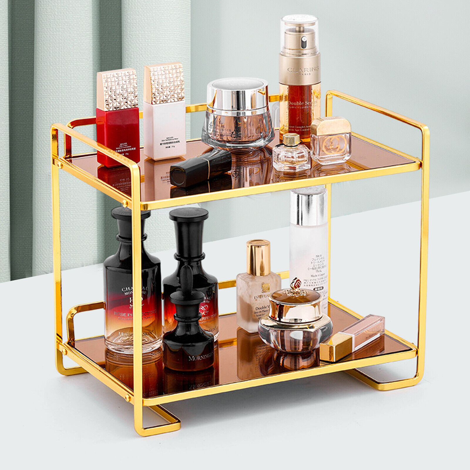 Makeup Organizer, 2-Tier Glass Vanity Tray for Perfume, Makeup Large  Capacity