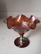 Vintage Carnival Glass Compote Bowl Candy Dish Marigold Iridescent W/Ruffle Edge