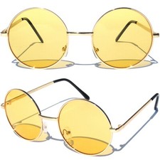 Yellow Lens Round Metal Frame Sunglasses Classic Lennon Ozzy Style Retro Hippie