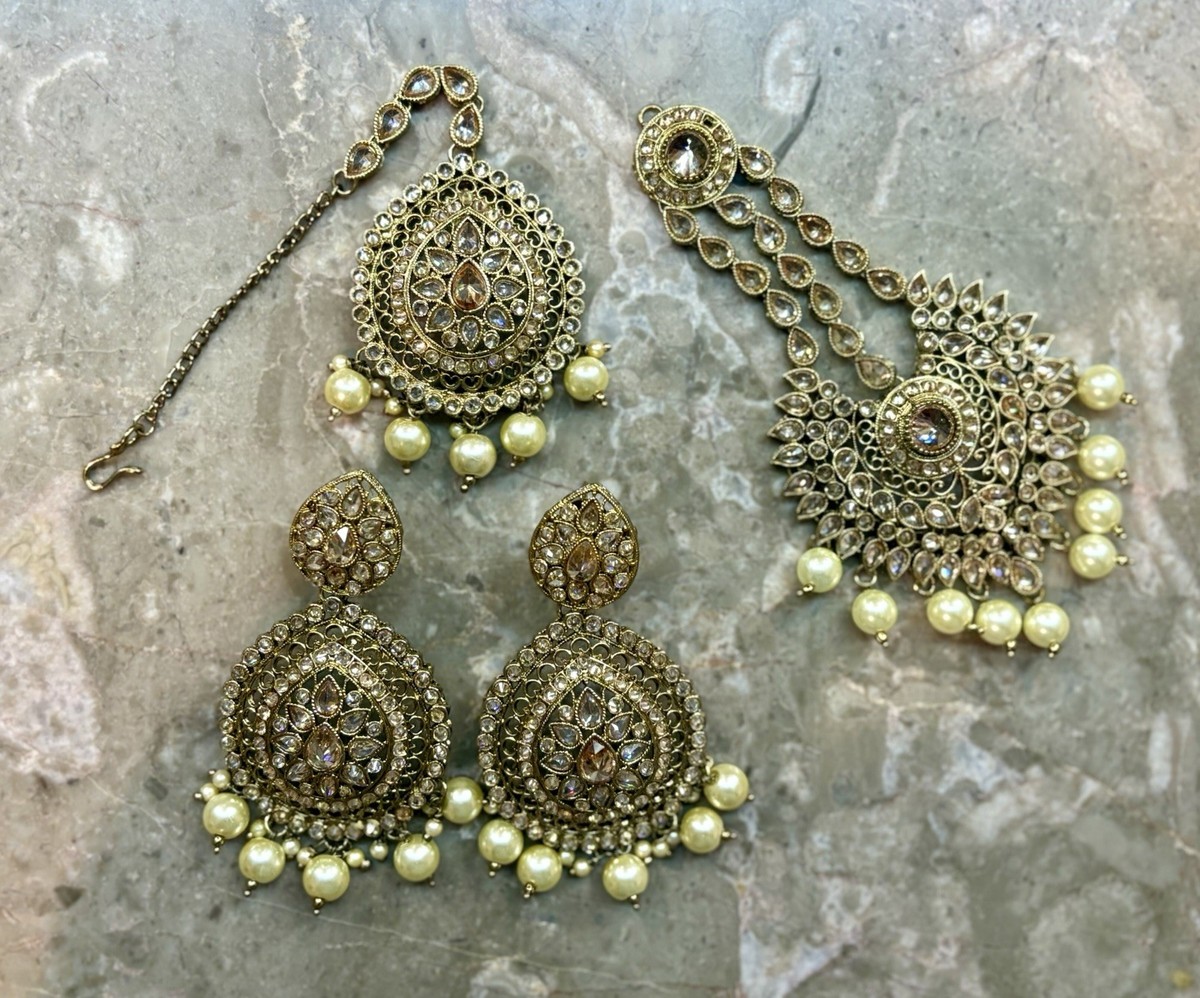 New Pakistani Indian Golden Pearl Jewelry Set - Earrings, Tikka, & Jhoomar