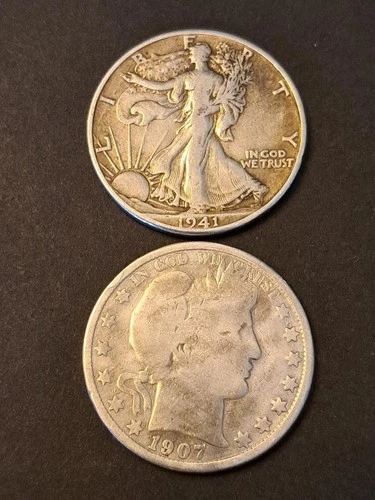 Lot (2) 1941-P & 07-P Walking Liberty / Barber Half Dollar Coins