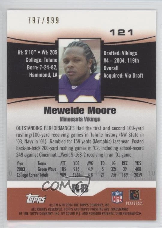 2004 Topps Pristine /999 Mewelde Moore #121 Rookie RC - Image 2 of 2