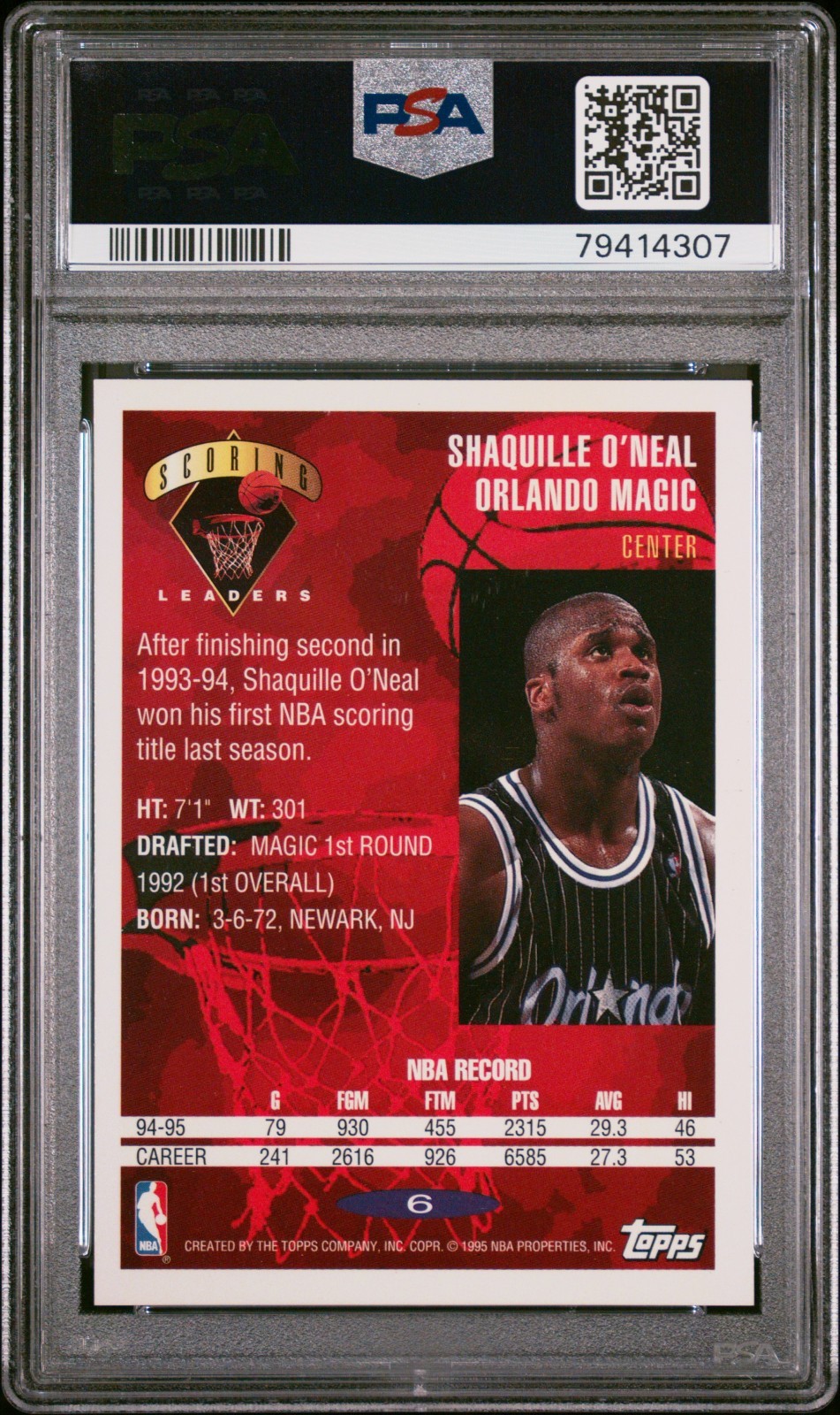 PSA 9 MINT 1995 TOPPS SHAQUILLE O'NEAL #6 Orlando MAGIC SCORING LEADERS HoF view 2