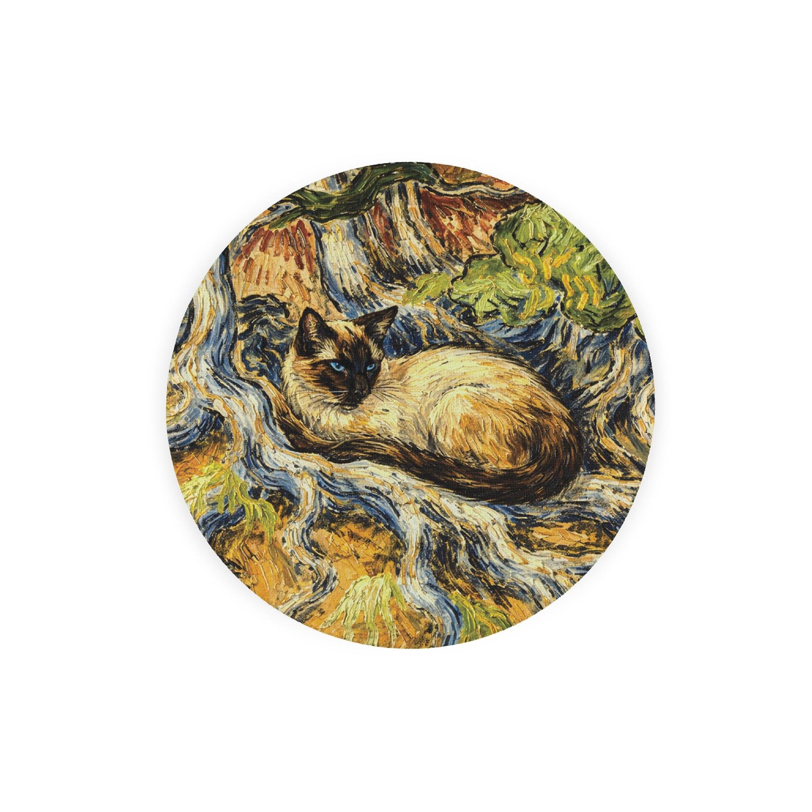 Van Gogh Tree Roots Siamese Cat Round Trivet - Small Textured Glass Board Gift