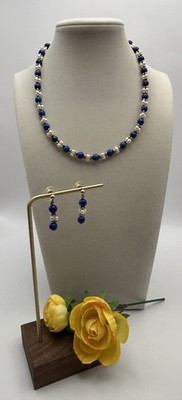 14 K Gold Filled Lapis and Pearls Necklace and Post Earrings Set.