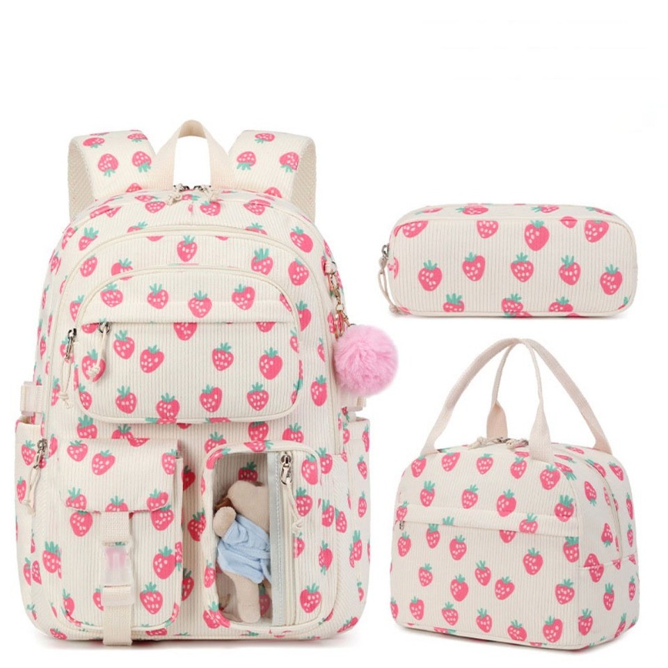 Easy Organized Corduroy Kawaii Backpack Strawberry Print School Bookbag ...