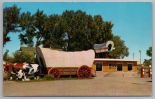 GAS STATION Covered Wagon Oxen Kearney Ne Old Pumps Postcard 4B