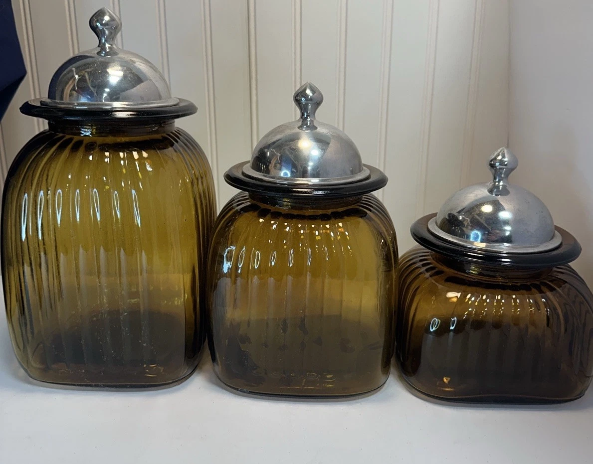 (3) Three Vintage Brown Amber Artland Canisters Apothecary Jars Ribbed Glass