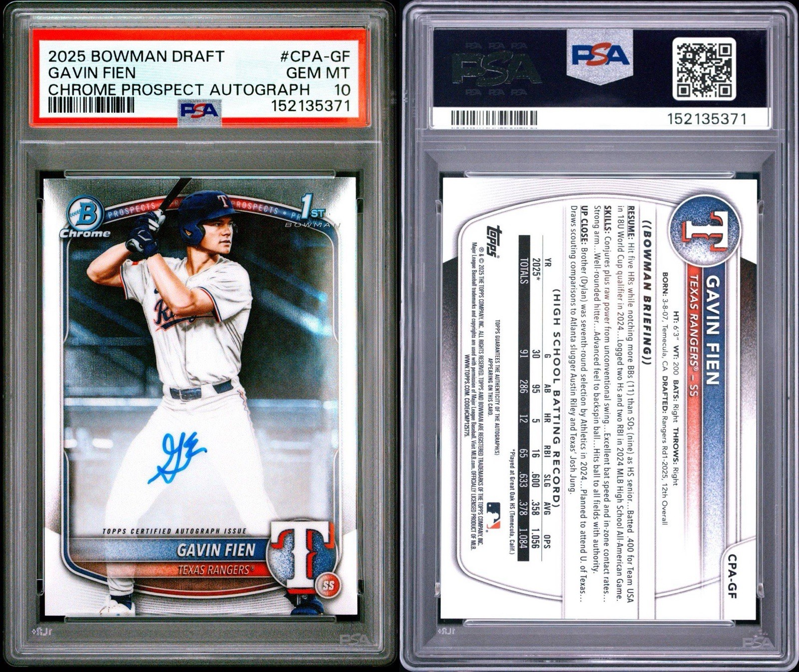 2025 BOWMAN DRAFT #CPA-GF GAVIN FIEN CHROME PROSPECT AUTOGRAPH LOW POP PSA 10 view 3