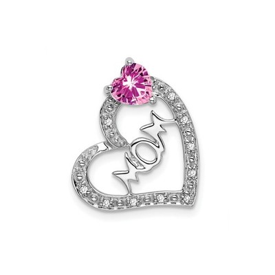 14k White Gold Heart Mom Pendant with Pink Gemstone and Diamond Accents