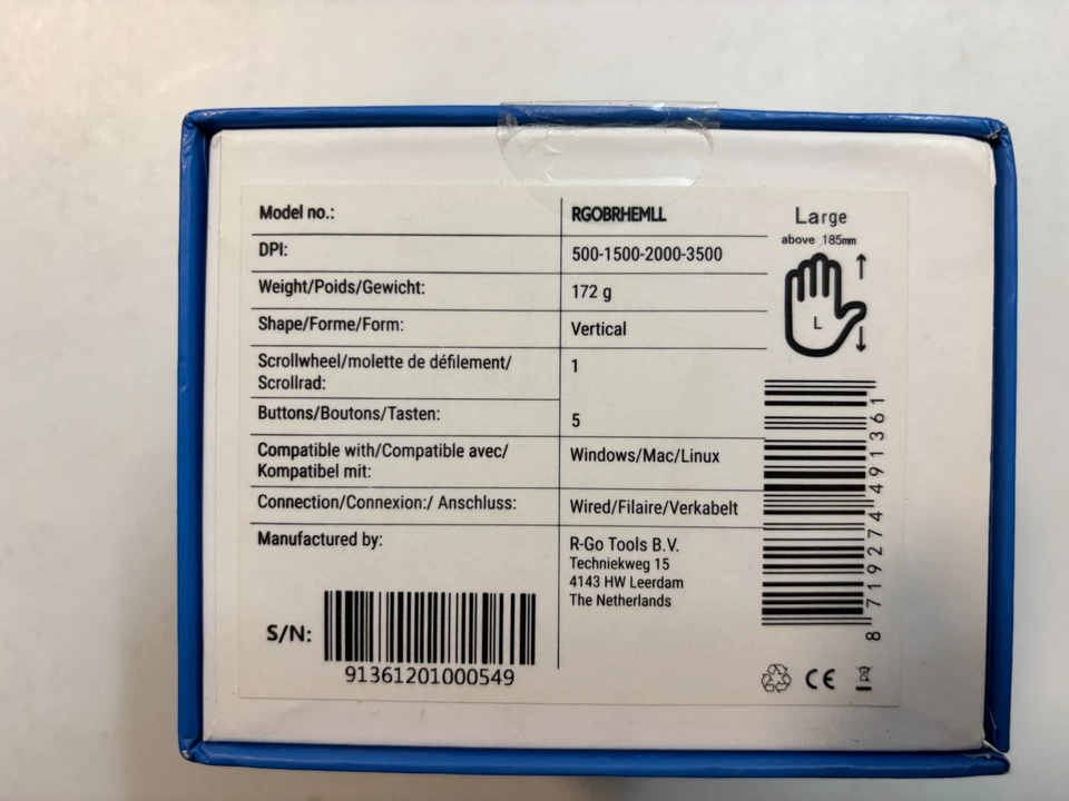 R-Go HE Vertical Ergonomic Mouse, For large hand, Wired with USB-C/A cable, 400- - Image 2 of 3