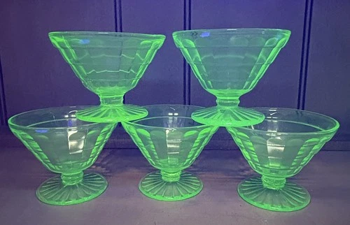 Vintage Block Optic Low Sherbet Footed Green Uranium Depression Glass Set of 5
