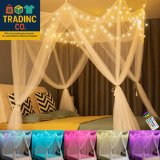 White Bed Canopy with 24 Colors Star Lights for Girls, 8 Corner Princess Canopy