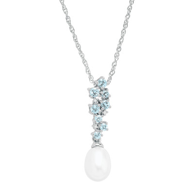 Finecraft Pearl & Swiss Blue Topaz Necklace w Diamonds in Sterling Silver, 18''