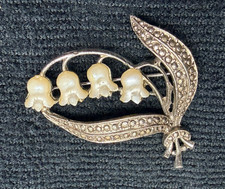 Vintage Mid Century Lily of the Valley Faux Pearl & Marcasite Silvertone Brooch