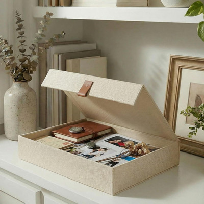 Decorative Linen Photo Storage Box with Lid for Pictures Documents Keepsakes