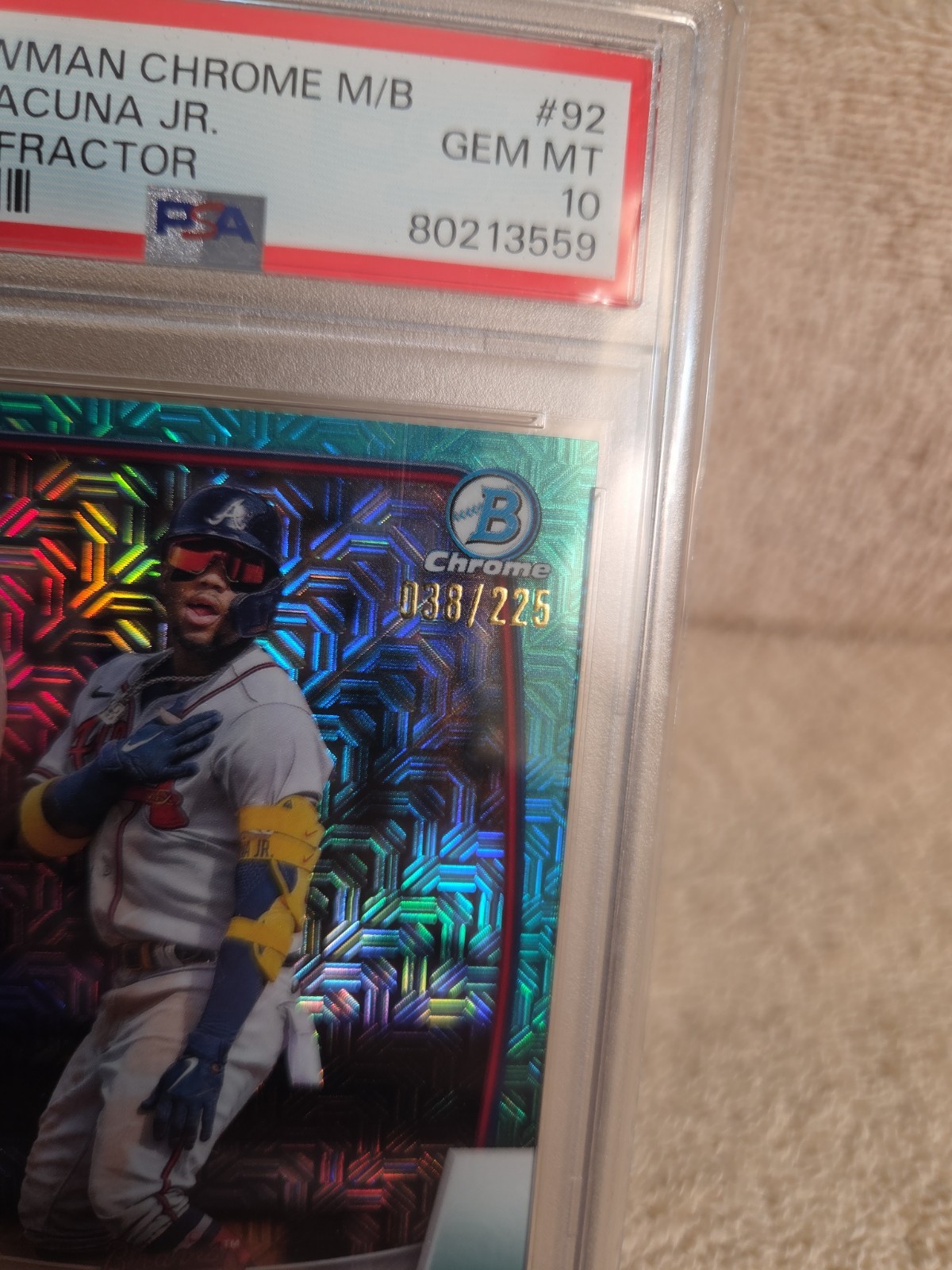 2023 Bowman - Ronald Acuña Jr. #92 Chrome Aqua Mojo Refractor /225 PSA 10 view 6