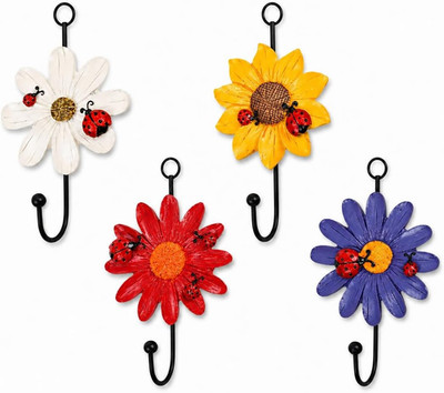 4Pcs Resin Daisy Flower Wall Hooks Decoration Hanging Coat Hooks Vintage Art Pri