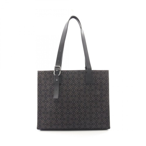 LOEWE Buckled Horizontal Anagram Tote Bag Black Canvas Leather Auth