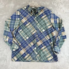 Alfred Dunner Top Womens 10 Tan Green Blue Plaid Long Sleeve Button Front
