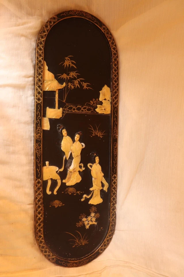 Винтажная азиатская китайская восточная черная лакированная и перламутровая настенная художественная панель - Изображение 2 из 4