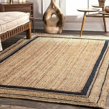 Rug Beige With Black Line Jute Rectangle Handmade Braided Floor Mat Rustic Rug