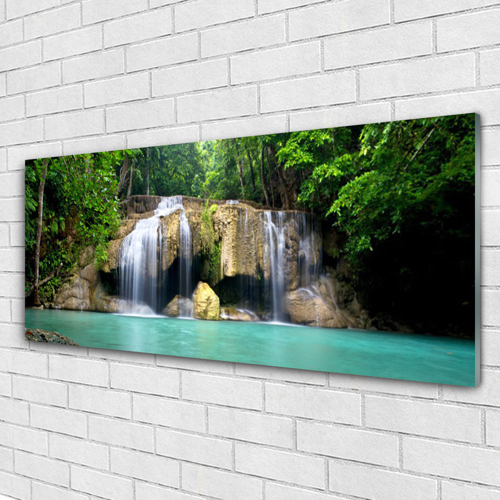 Tableau plexiglas cascade et arbre 125x50 cm avec finition brillante effet verre