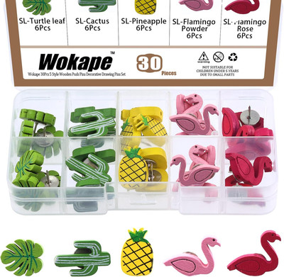 30Pcs 5 Stil Holz Push Pins Dekorative Zeichnung Pins Set, Flamingo Kaktus Anana