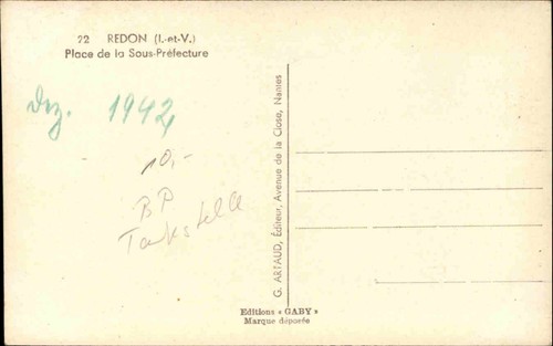 ca. 1942 REDON Frankreich Bretagne Place de la Sous-Prefecture Carte Postale AK - Picture 2 of 2