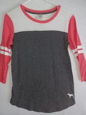 Victoria Secret PINK T-shirt XS crew neck women's gray white 3/5 sleeve striped