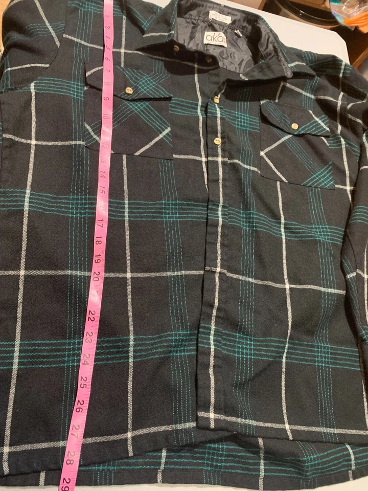 Aka Bay 复古男式格子纽扣亚克力长袖 XL,17-17 1/2 黑色绿色 — 第 3/4 张图片