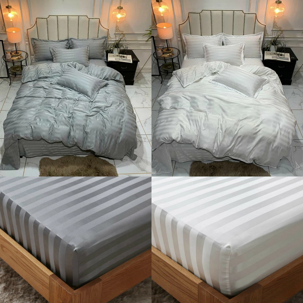 600TC SATIN STRIPE DUVET COVER SET FITTED SHEET 100 EGYPTIAN