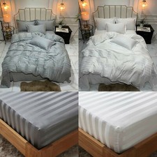 600TC SATIN STRIPE DUVET COVER SET / FITTED SHEET 100% EGYPTIAN COTTON DOUBLE