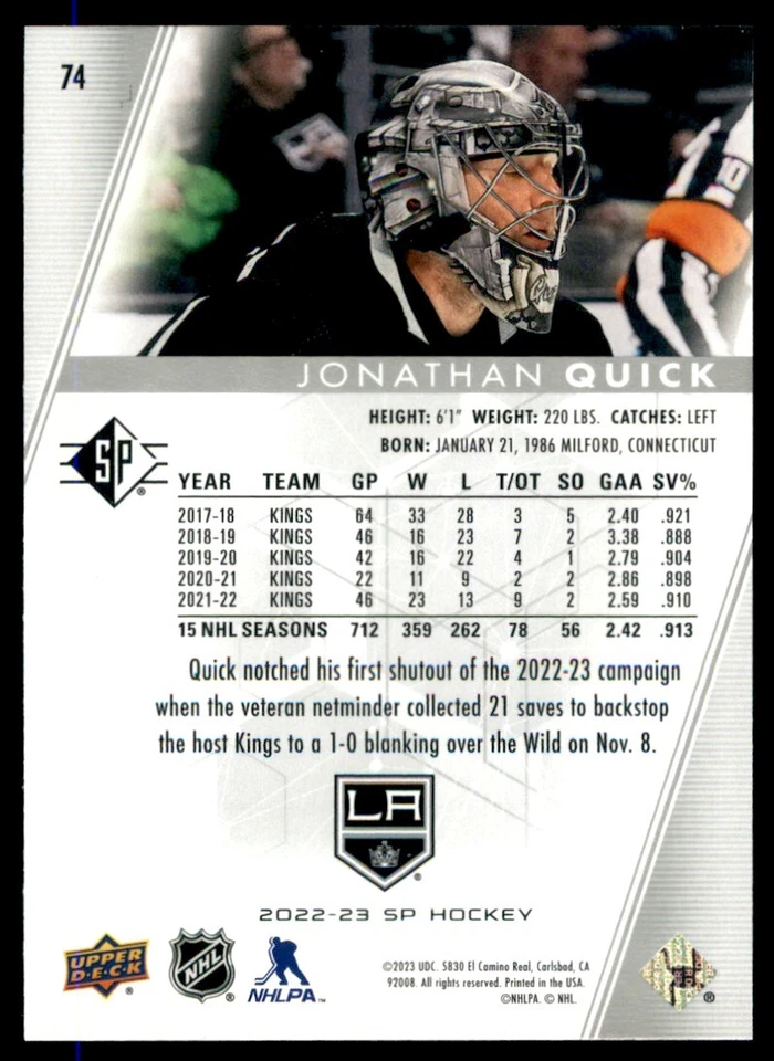 2022-23 SP Hockey Jonathan Quick #74 - Image 2 of 2
